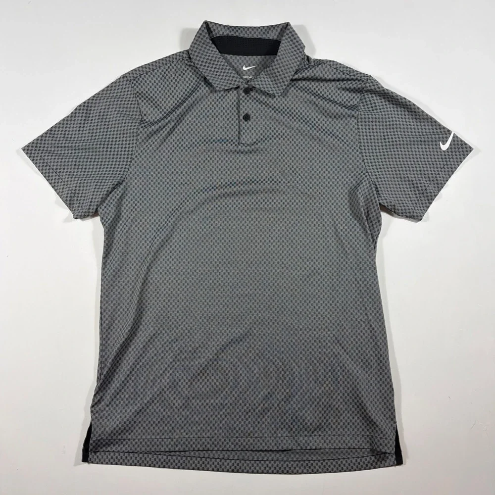 Nike Polo Shirt Mens Medium Dri-FIT Micro Check Performance Gray Black